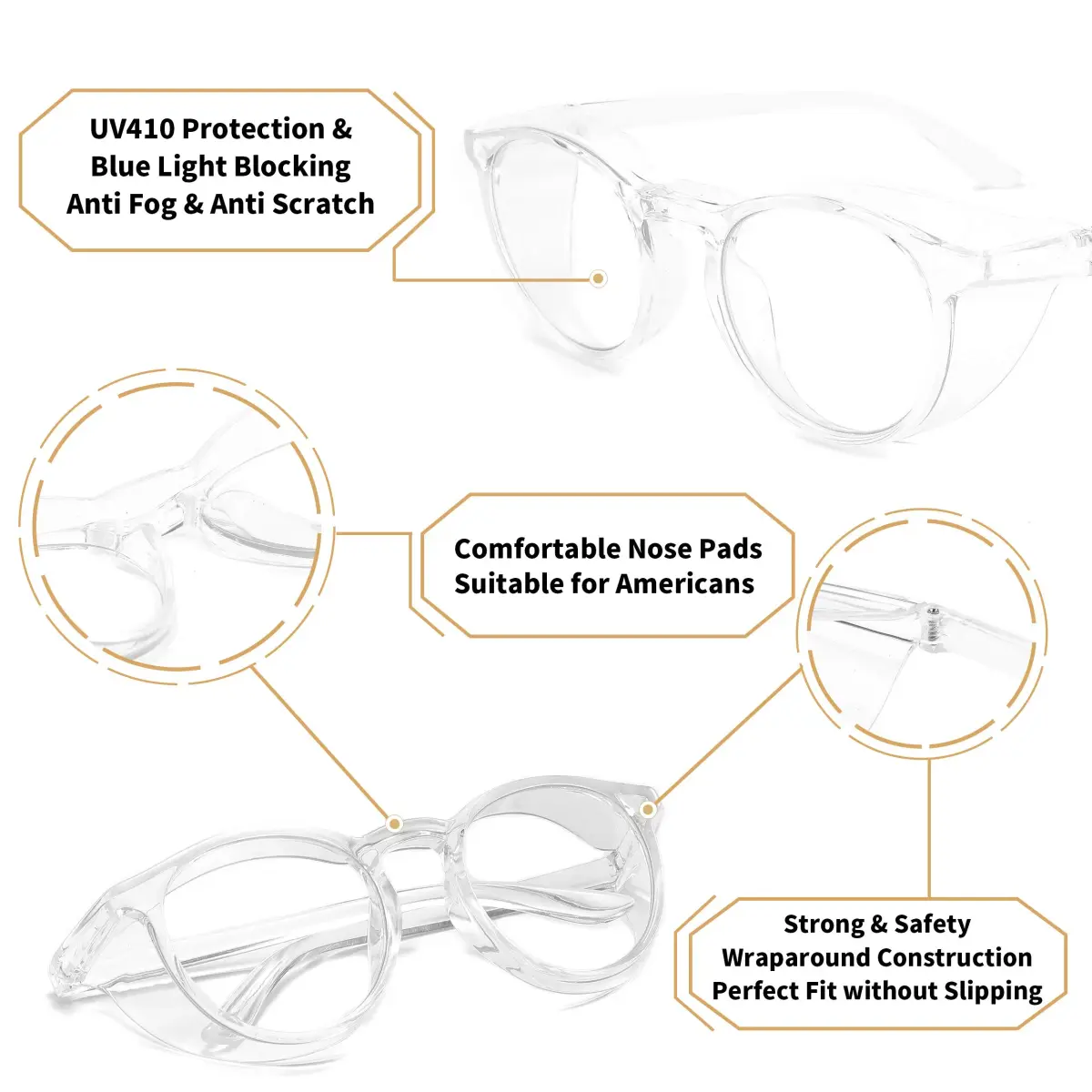 Alsenor Anti Fog Safety Glasses with Blue Light Blocking, UV Protection, and Anti-Scratch Lenses | Clear Round Frame - view 4