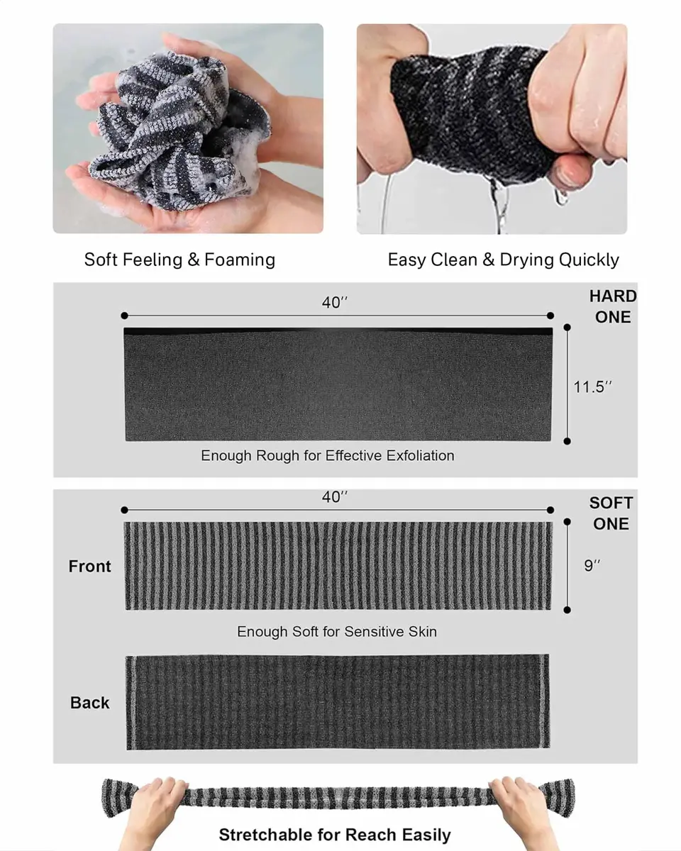 Yiclick Exfoliating Washcloth Towel Back Scrubber for Shower 2-Pack (40 inch / 101.6 cm) | Korean Japanese Style - view 6