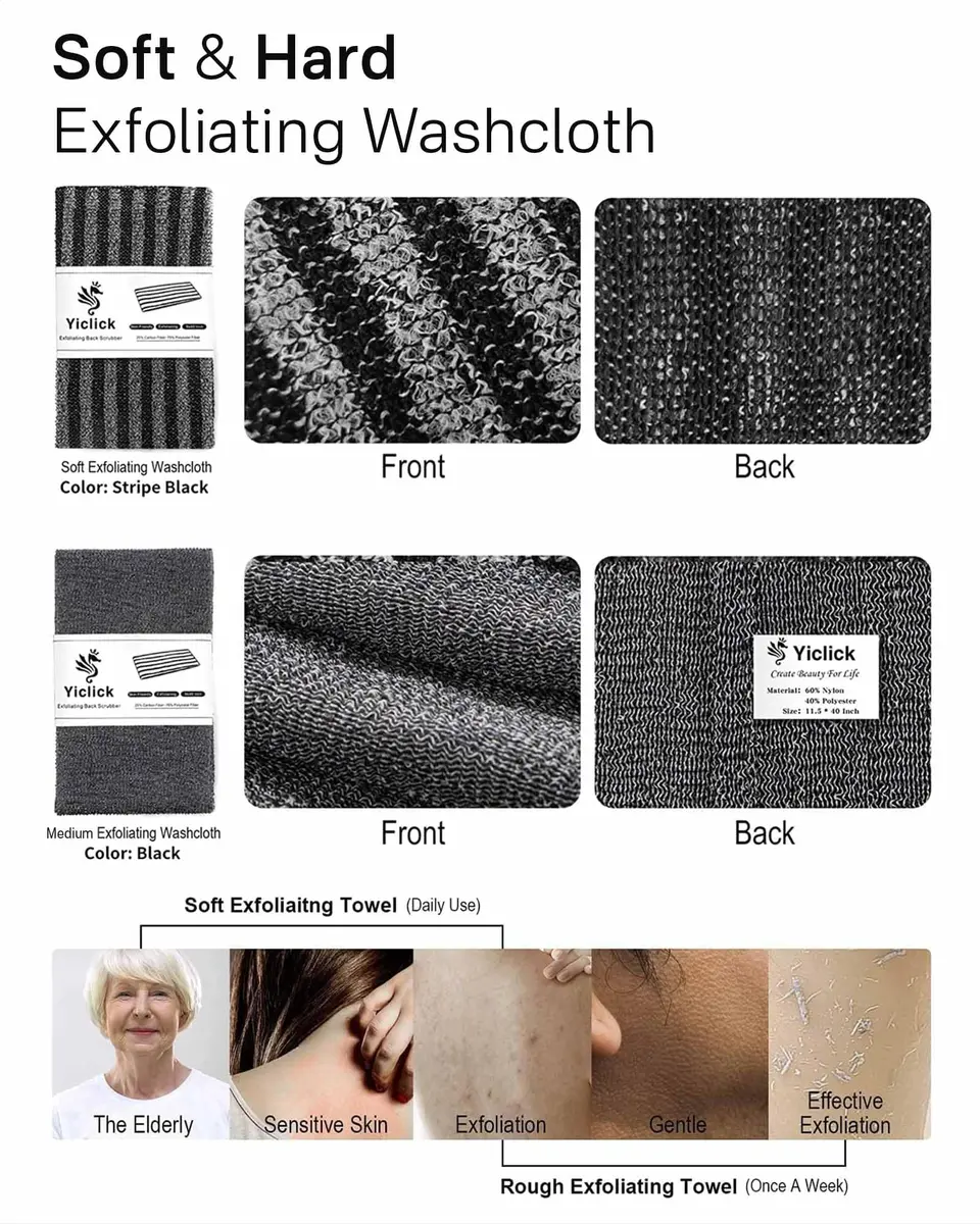 Yiclick Exfoliating Washcloth Towel Back Scrubber for Shower 2-Pack (40 inch / 101.6 cm) | Korean Japanese Style - view 5