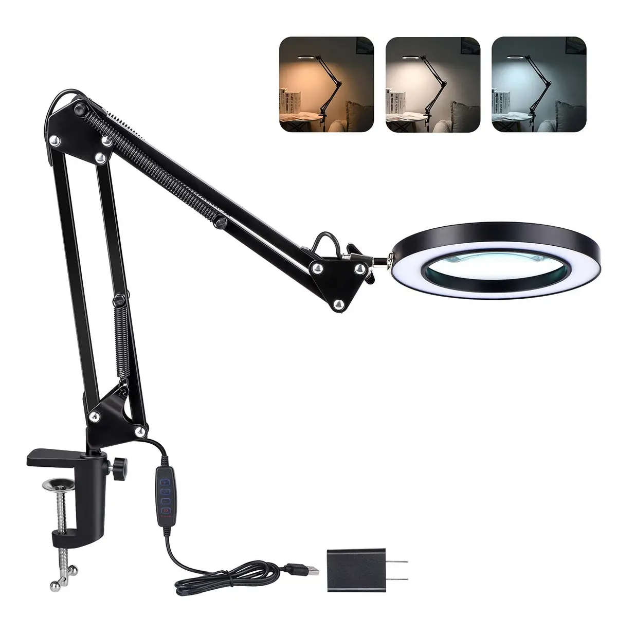 Dylviw Magnifying Glass with Light and Stand | 5-Diopter Glass Lens, Adjustable Swivel Arm, 3 Color Modes, LED Desk Lamp for Crafts & Reading - main product image