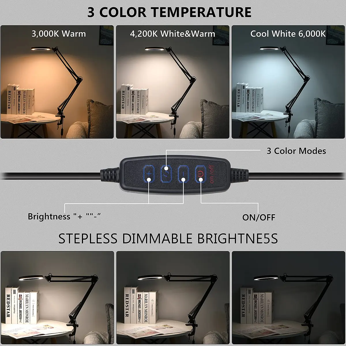Dylviw Magnifying Glass with Light and Stand | 5-Diopter Glass Lens, Adjustable Swivel Arm, 3 Color Modes, LED Desk Lamp for Crafts & Reading - view 5