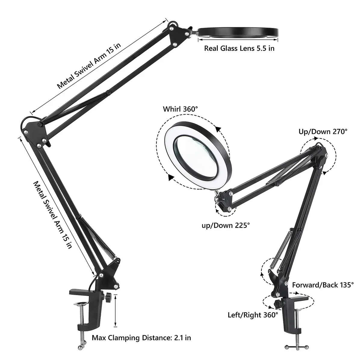 Dylviw Magnifying Glass with Light and Stand | 5-Diopter Glass Lens, Adjustable Swivel Arm, 3 Color Modes, LED Desk Lamp for Crafts & Reading - view 2