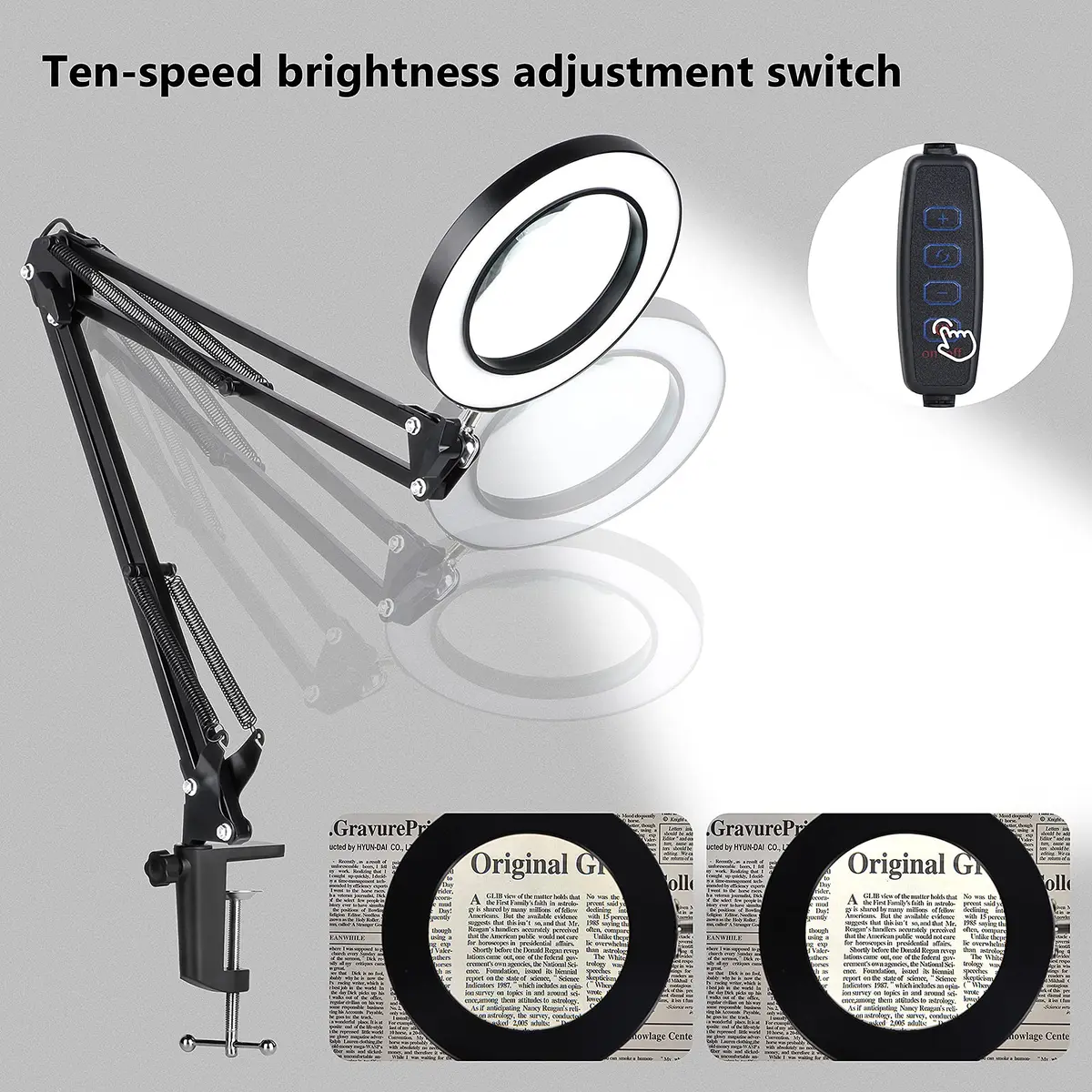 Dylviw Magnifying Glass with Light and Stand | 5-Diopter Glass Lens, Adjustable Swivel Arm, 3 Color Modes, LED Desk Lamp for Crafts & Reading - view 4