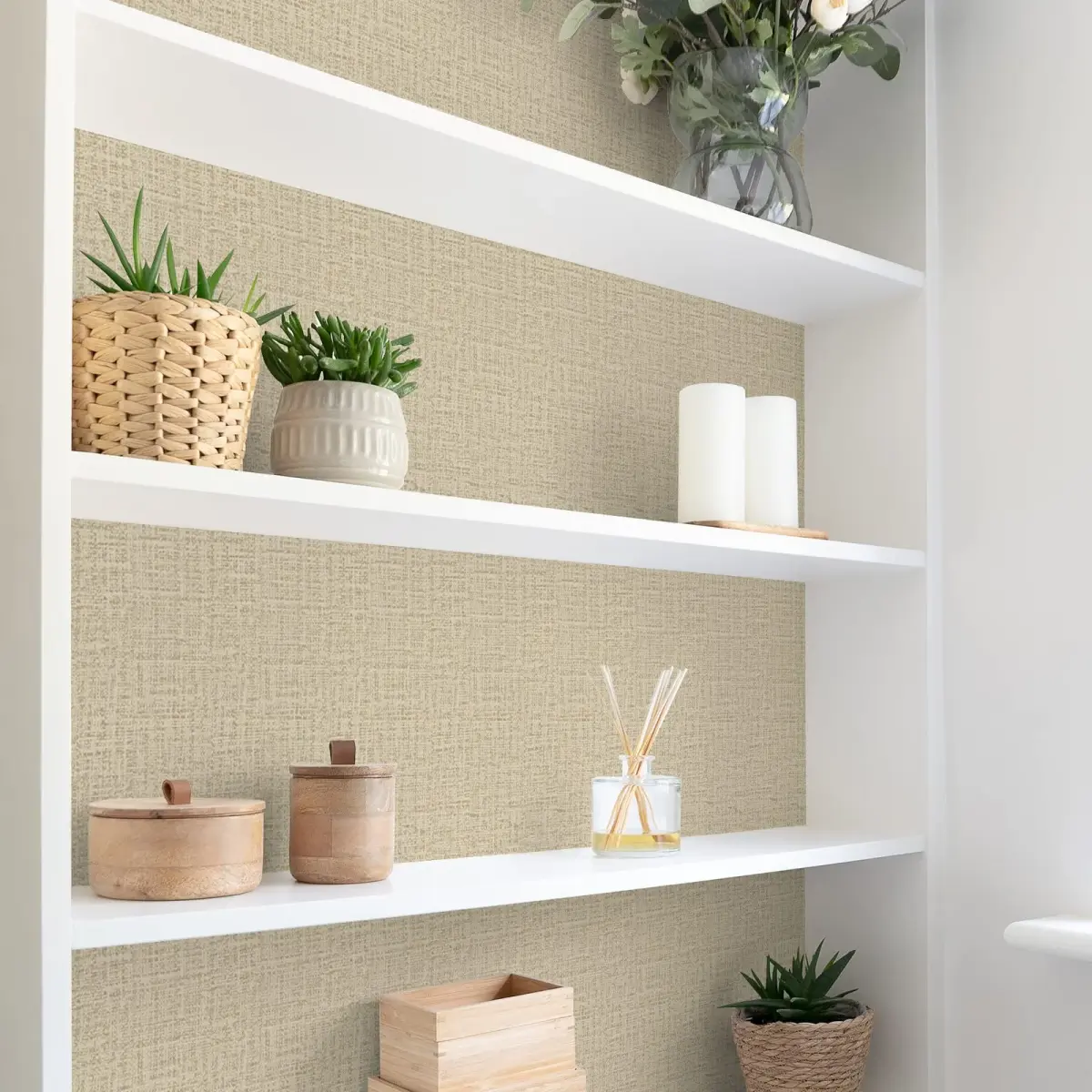 TANONE Khaki Grasscloth Peel and Stick Wallpaper 43.3 sq.ft (15.8" W x 394" L) | Beige Linen Texture for Walls & Cabinets - view 3