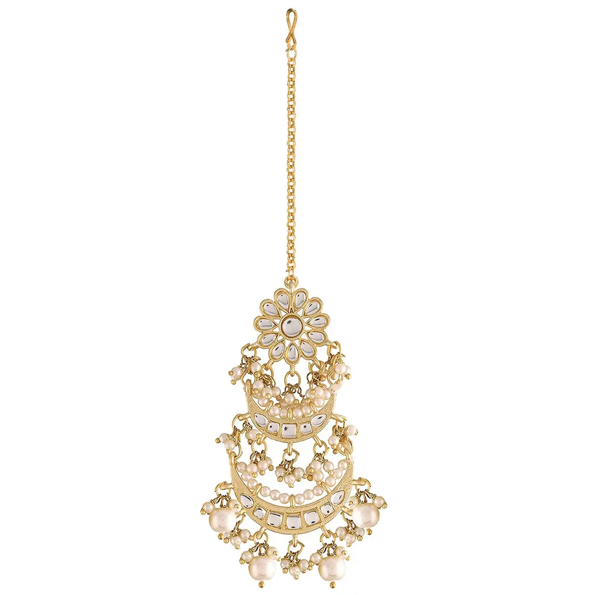 I Jewels Gold Plated Kundan Studded Maang Tikka for Women | Traditional Indian Wedding Jewelry (White 1) - main product image