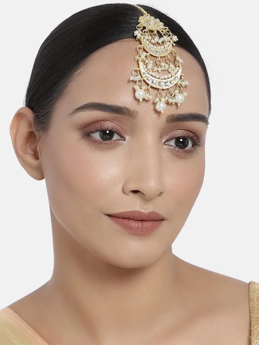 I Jewels Gold Plated Kundan Studded Maang Tikka for Women | Traditional Indian Wedding Jewelry (White 1) - view 2