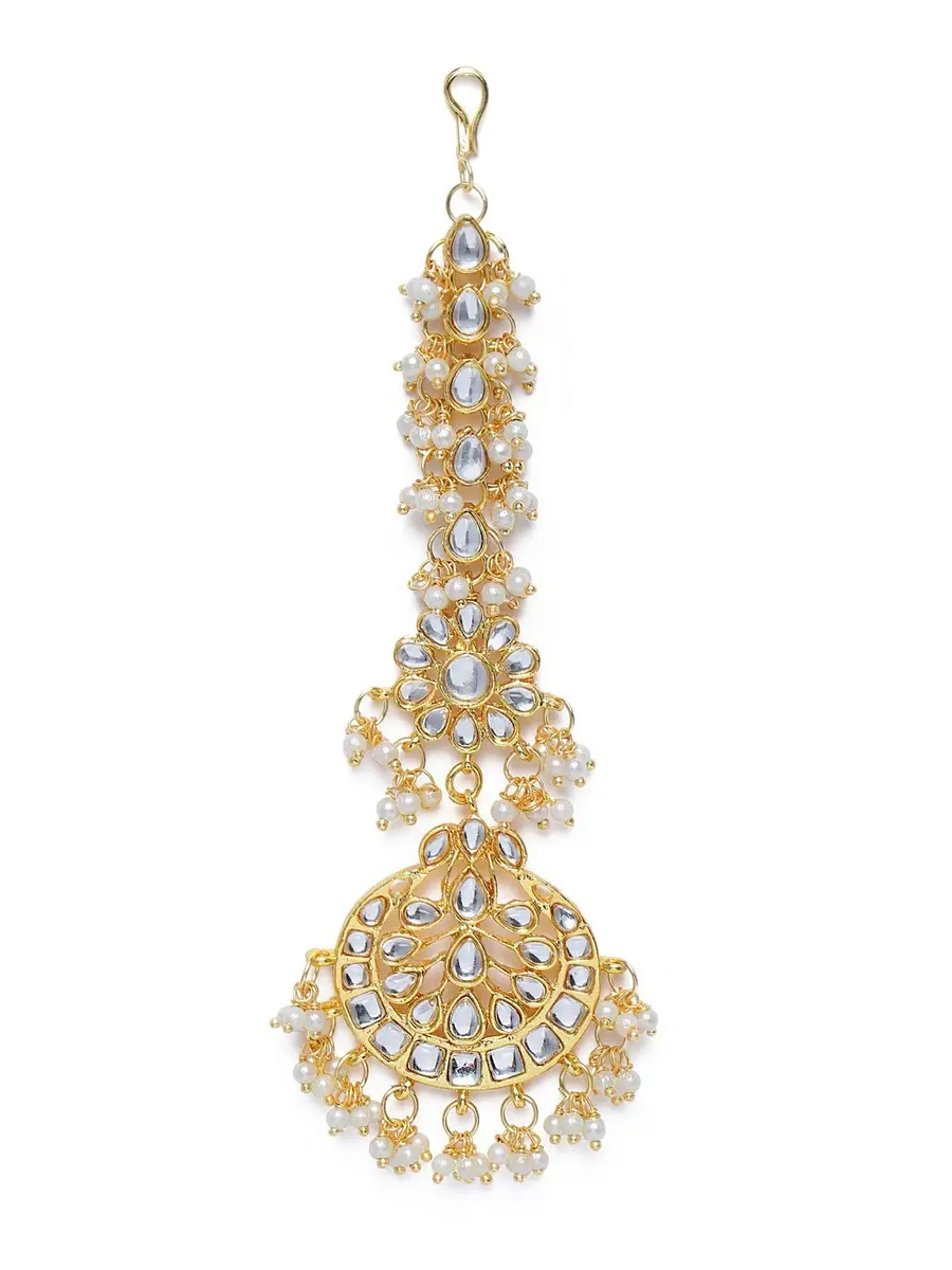 I Jewels Gold Plated Kundan Maang Tikka & Passa for Women | 13cm Height, 4.5cm Width - main product image