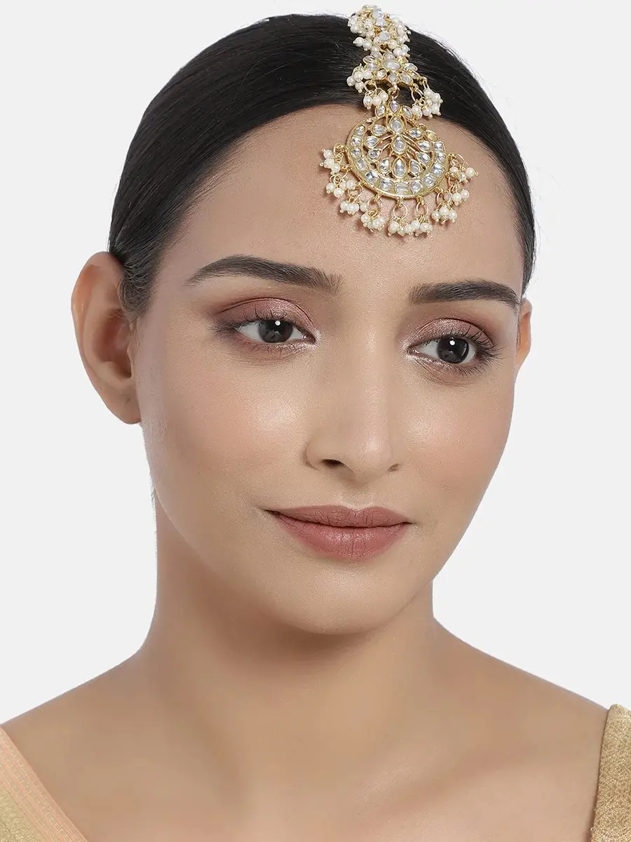 I Jewels Gold Plated Kundan Maang Tikka & Passa for Women | 13cm Height, 4.5cm Width - view 2