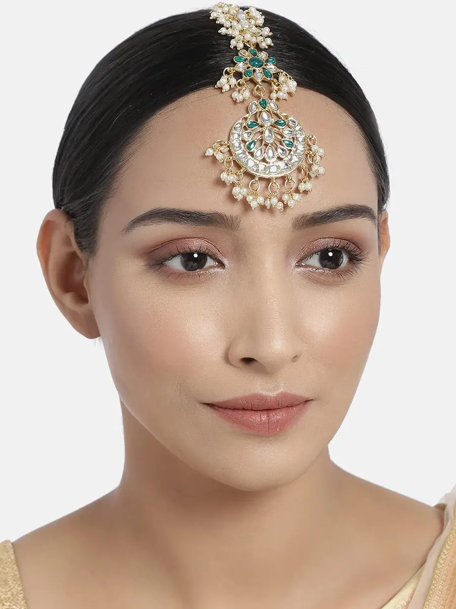 I Jewels Gold Plated Kundan Maang Tikka with Pearls for Women | 13cm (4.5cm Width) - view 2