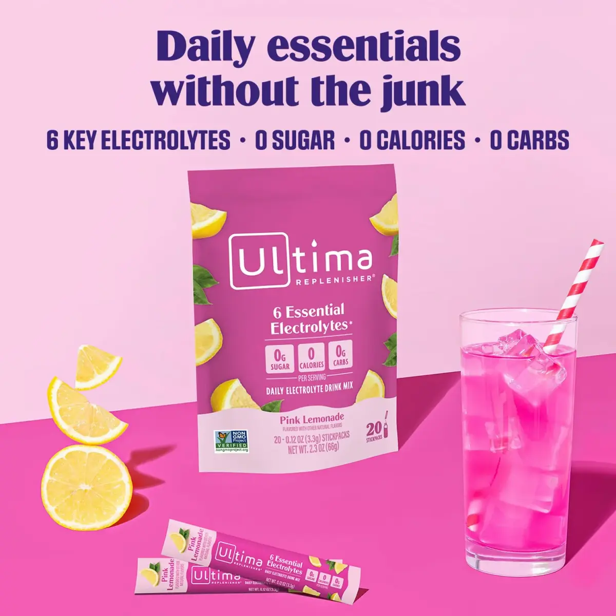 Ultima Replenisher Pink Lemonade Electrolyte Powder Stickpacks 20 Count (Pack of 1) | Hydration with 6 Electrolytes & Trace Minerals - view 2