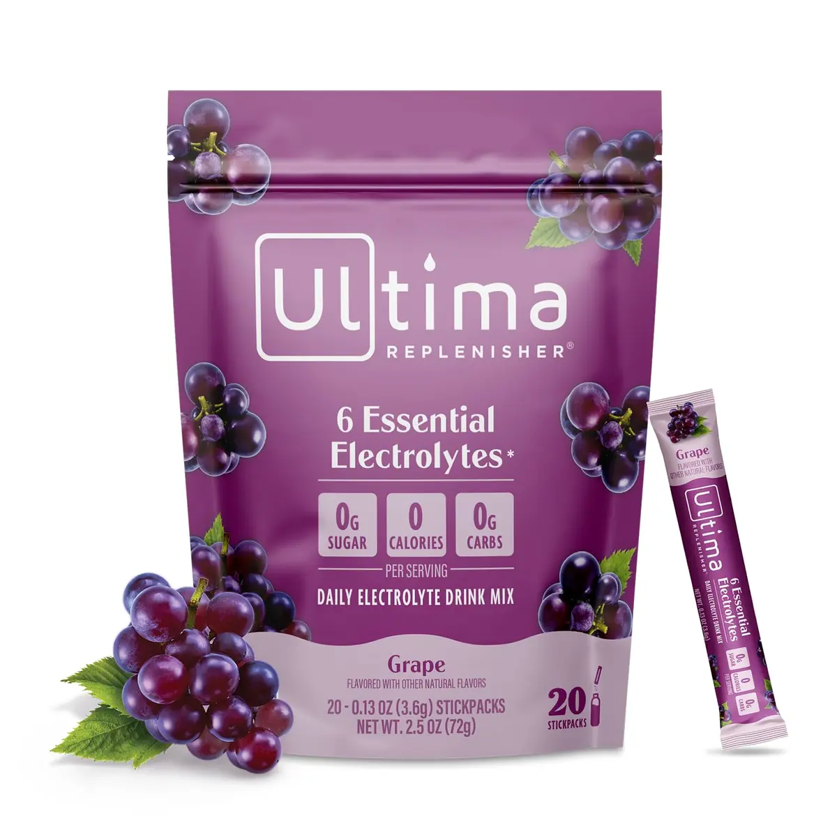 Ultima Replenisher Grape Electrolyte Powder Stickpacks 20 Count (2.4 oz) | Sugar-Free Hydration with 6 Electrolytes - main product image