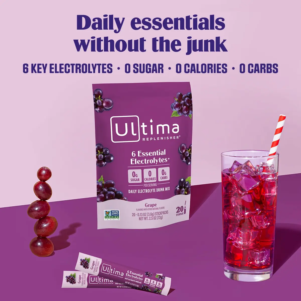 Ultima Replenisher Grape Electrolyte Powder Stickpacks 20 Count (2.4 oz) | Sugar-Free Hydration with 6 Electrolytes - view 2