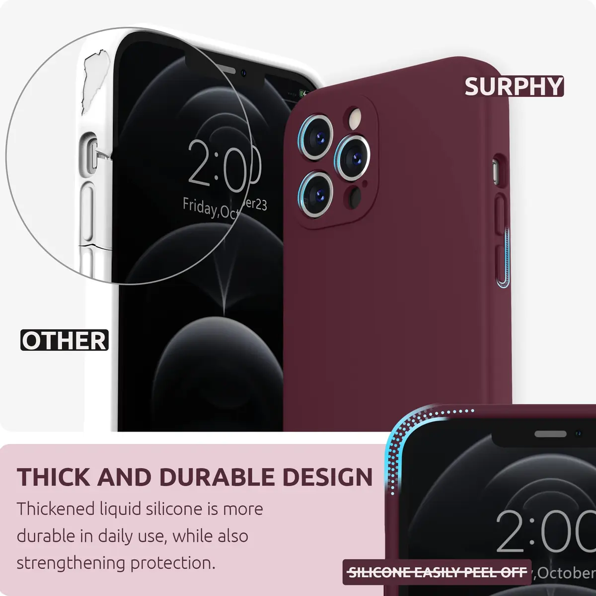 SURPHY Liquid Silicone Case for iPhone 12 Pro Max with Camera Protection & Microfiber Lining, Plum - view 3