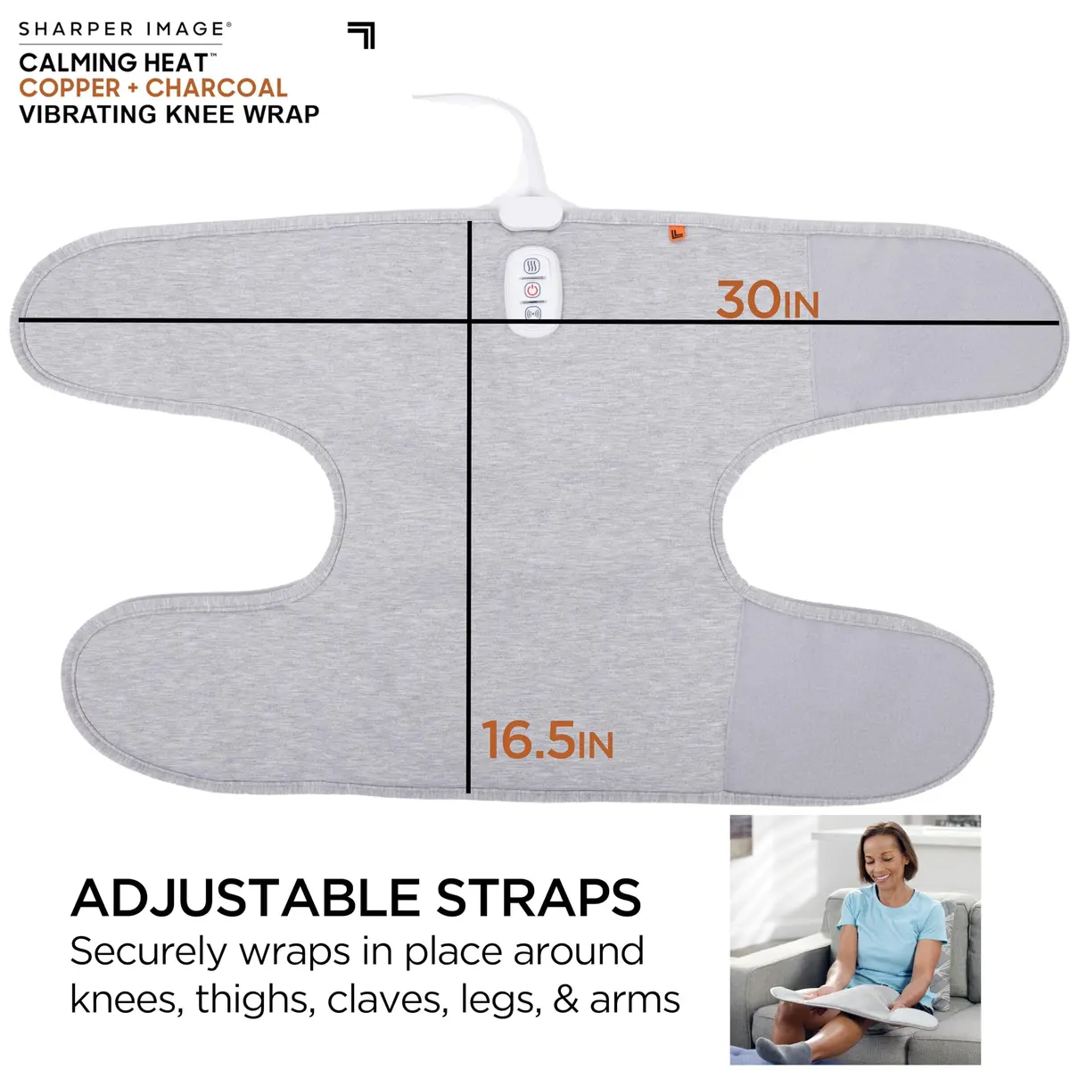 Calming Comfort Electric Heating Pad Knee Wrap | Copper & Charcoal, Auto Shut-Off, 2 Heat & 5 Vibration Settings, 76.2cm x 42cm - view 5