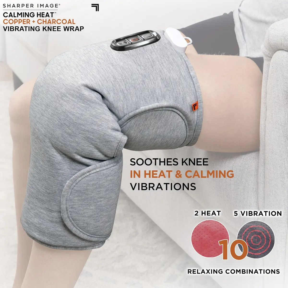Calming Comfort Electric Heating Pad Knee Wrap | Copper & Charcoal, Auto Shut-Off, 2 Heat & 5 Vibration Settings, 76.2cm x 42cm - view 2