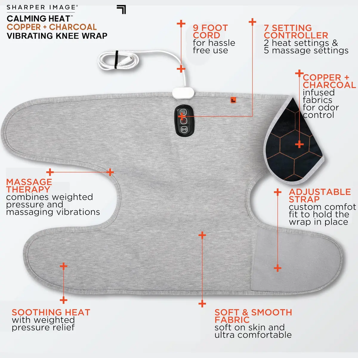 Calming Comfort Electric Heating Pad Knee Wrap | Copper & Charcoal, Auto Shut-Off, 2 Heat & 5 Vibration Settings, 76.2cm x 42cm - view 3
