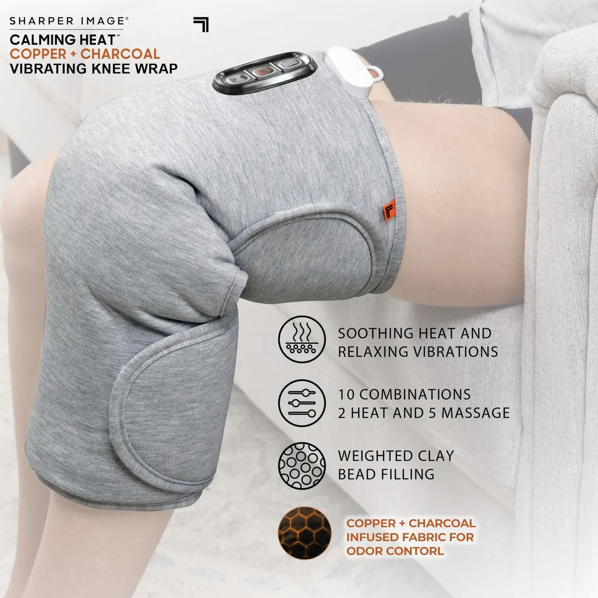 Calming Comfort Electric Heating Pad Knee Wrap | Copper & Charcoal, Auto Shut-Off, 2 Heat & 5 Vibration Settings, 76.2cm x 42cm - view 4
