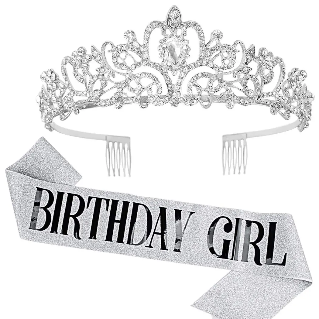 COCIDE Birthday Sash & Tiara Set - Rhinestone Tiara & Sash for Women's Birth Party Decoration Kit | Sparkling Glitter & Adjustable Fit - main product image