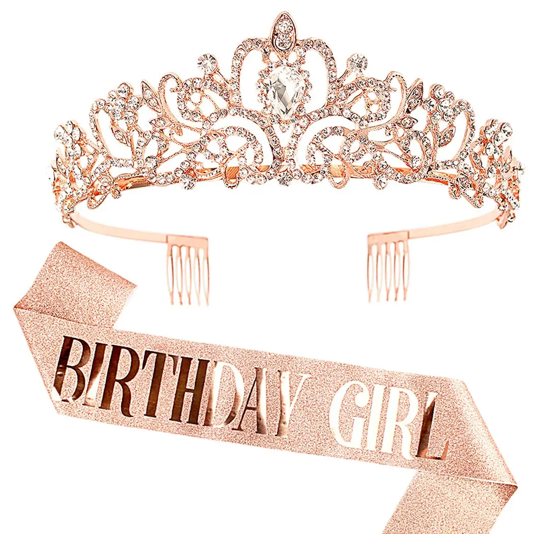 COCIDE Birthday Sash & Tiara Set - Rhinestone Tiara & Silver Glitter Sash | Women's Birth Party Decoration Kit - main product image