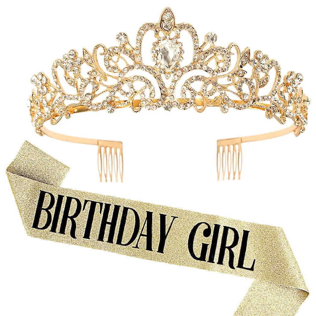 COCIDE Birthday Sash & Tiara Set - Rhinestone Tiara & Silver Glitter Sash for Women's Birth Party, 33 inches sash, 12.5 cm tiara - main product image