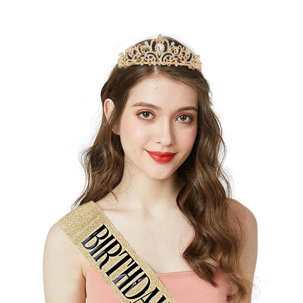 COCIDE Birthday Sash & Tiara Set - Rhinestone Tiara & Silver Glitter Sash for Women's Birth Party, 33 inches sash, 12.5 cm tiara - view 2