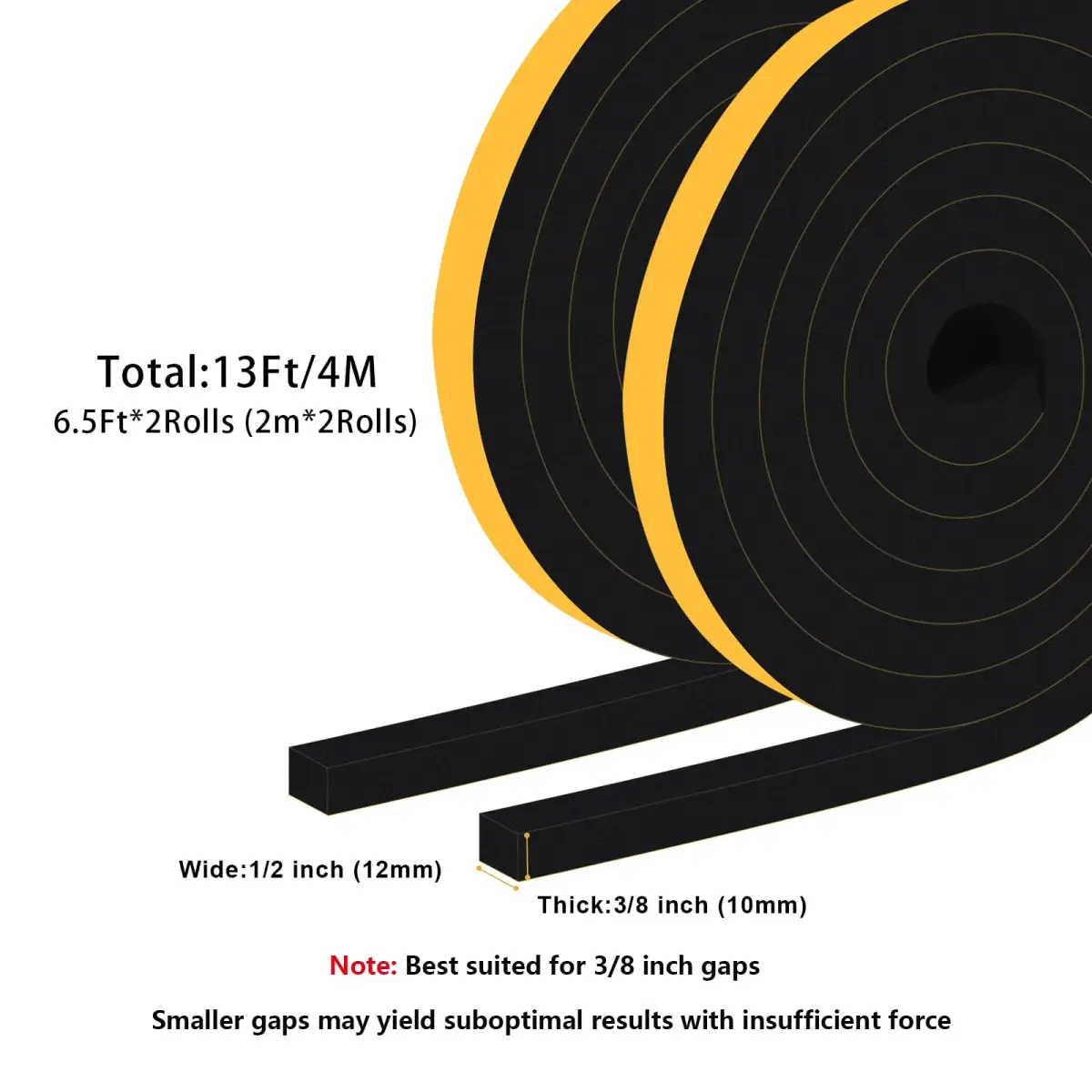 Trisiki Black High Density Weather Stripping 38mm (1.5In) x 20.3cm (8In) x 13Ft Roll | Seals Gaps & Saves Energy - view 6