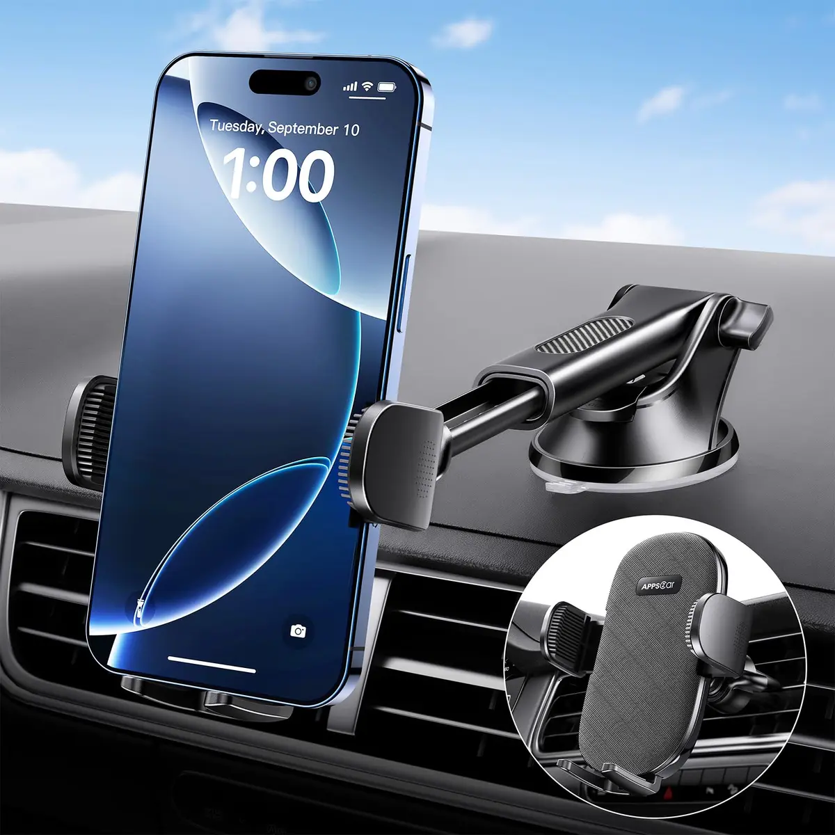 APPS2Car Car Phone Holder Mount, Strong Suction Dashboard & Windshield, Fits 4-7 Inch Phones, 360° Rotation, One-Touch Release, Ideal for Delivery & Uber - main product image