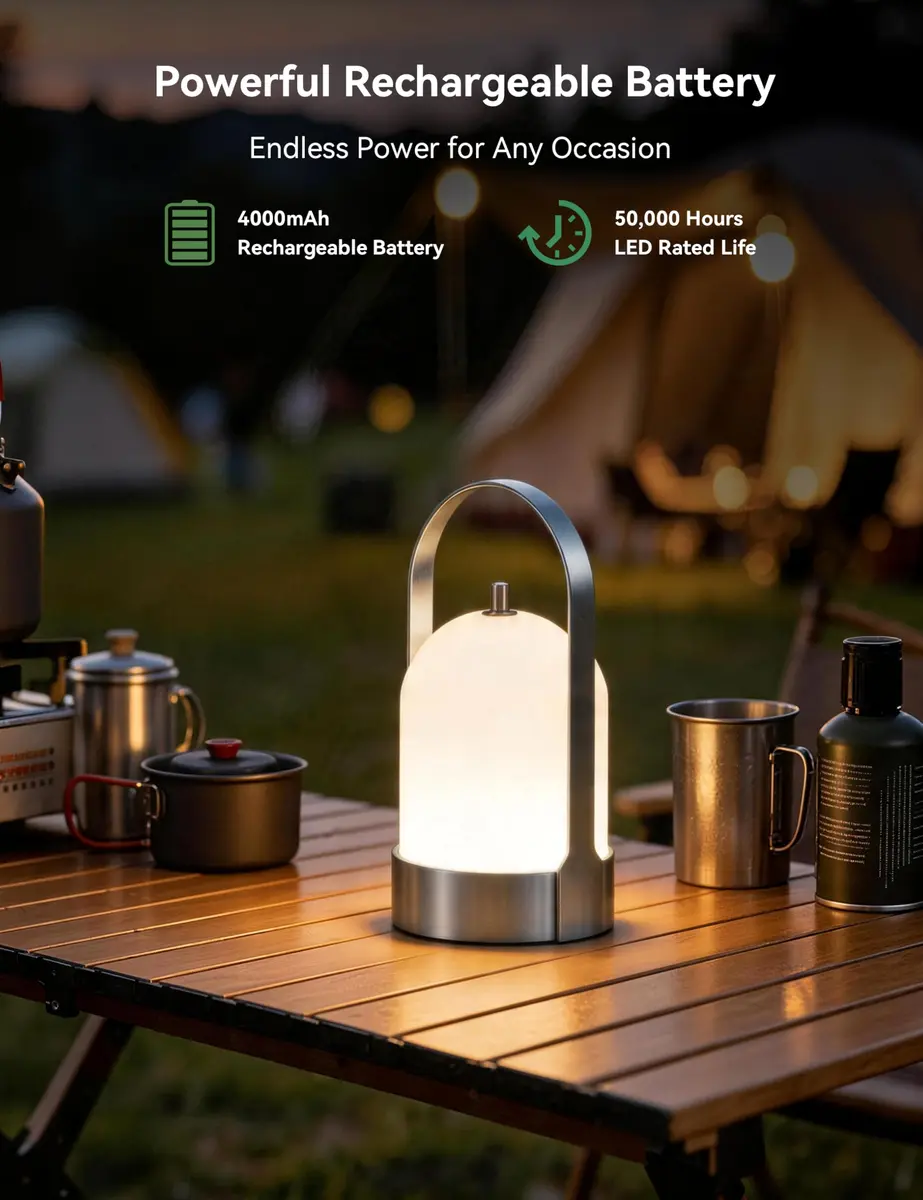 Tubicen Portable Table Lamp Rechargeable Outdoor Lantern with Handle | Waterproof, Dimmable, 4000mAh Battery - view 6