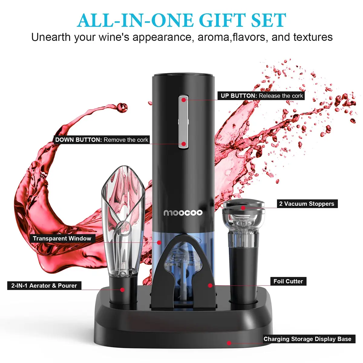 Moocoo Electric Wine Opener with Charging Base | Cordless, Fast & Rechargeable for Easy Wine Access - view 6