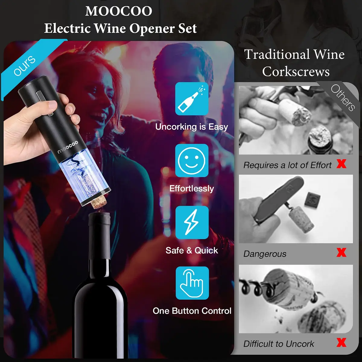 Moocoo Electric Wine Opener with Charging Base | Cordless, Fast & Rechargeable for Easy Wine Access - view 2