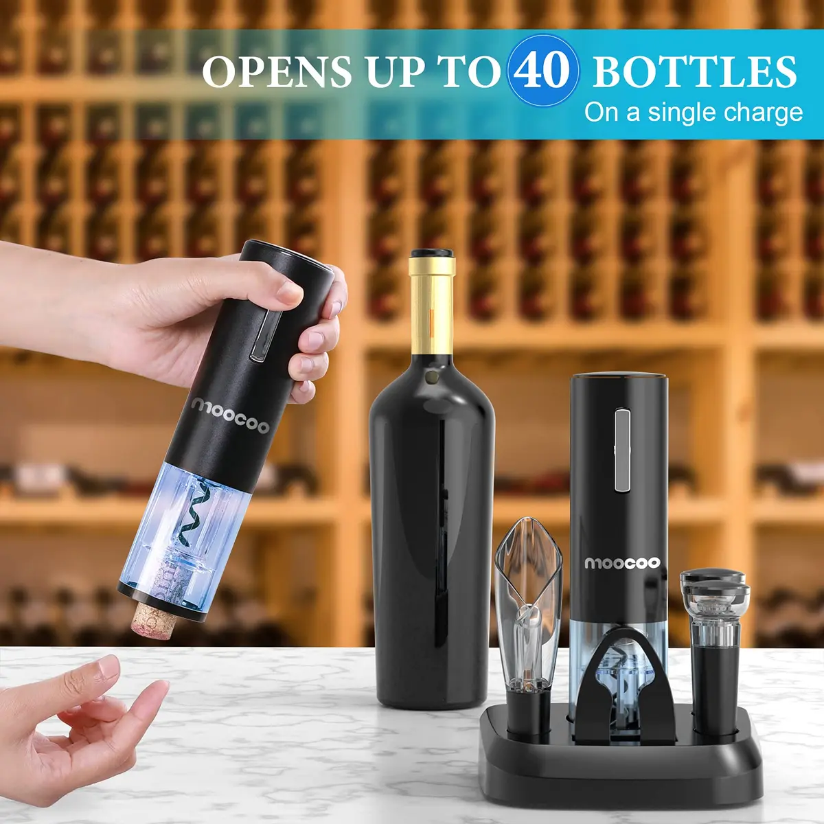 Moocoo Electric Wine Opener with Charging Base | Cordless, Fast & Rechargeable for Easy Wine Access - view 4