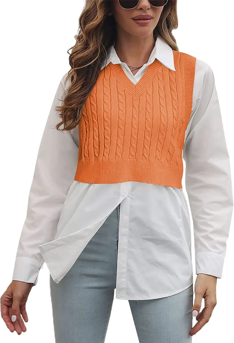 Lailezou Women's V-Neck Knit Sweater Vest Solid Color Argyle Plaid Preppy Style Sleeveless Crop Knit Vest - main product image