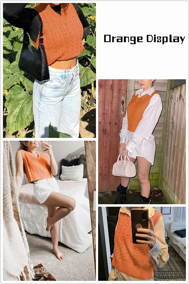 Lailezou Women's V-Neck Knit Sweater Vest Solid Color Argyle Plaid Preppy Style Sleeveless Crop Knit Vest - view 3