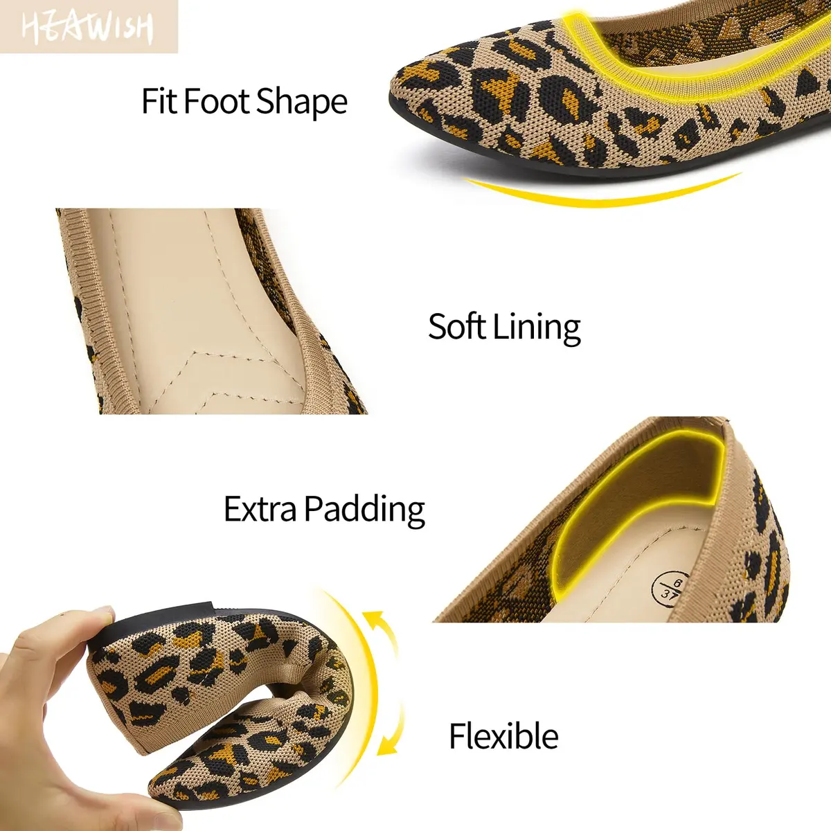 HEAWISH Women’s Ballet Flat Shoes Comfortable Mesh Pointed Toe Slip On (Leopard, US9) - view 3