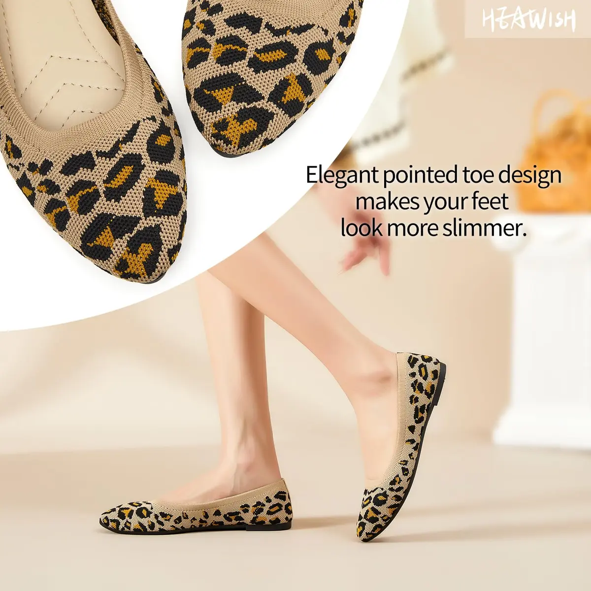 HEAWISH Women’s Ballet Flat Shoes Comfortable Mesh Pointed Toe Slip On (Leopard, US9) - view 4