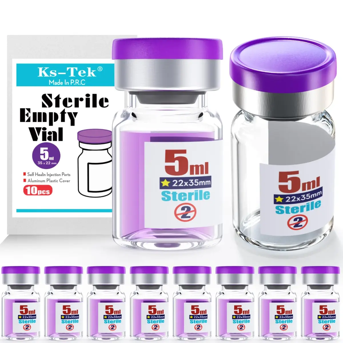 Ks-Tek Sterile Empty Vials with Self-Healing Injection Port 5ml (0.169 Fl Oz) | Pack of 10, Purple - main product image