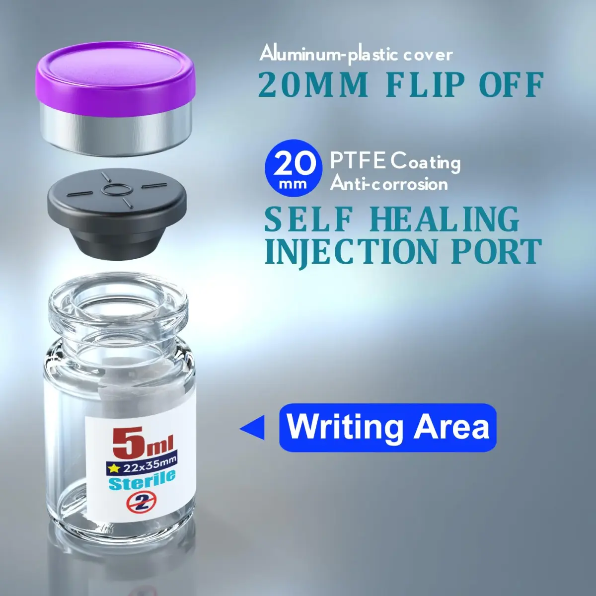 Ks-Tek Sterile Empty Vials with Self-Healing Injection Port 5ml (0.169 Fl Oz) | Pack of 10, Purple - view 3