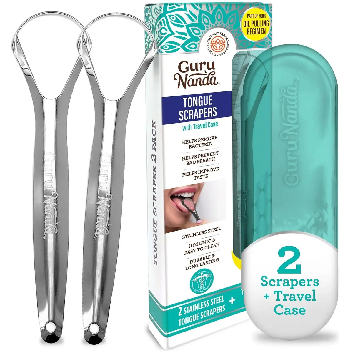GuruNanda Stainless Steel Tongue Scraper (Pack of 2) | Fight Bad Breath & Improve Taste - main product image
