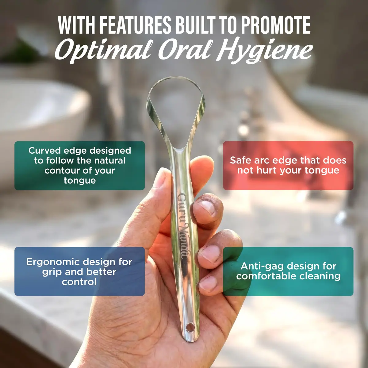 GuruNanda Stainless Steel Tongue Scraper (Pack of 2) | Fight Bad Breath & Improve Taste - view 4