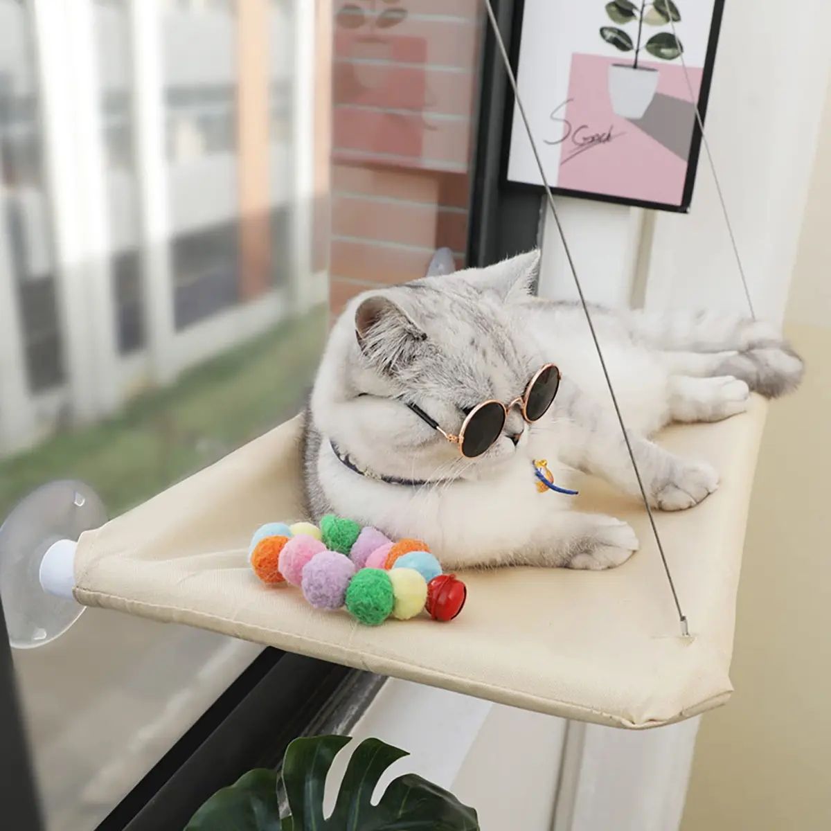JinRui-T Khaki Cat Window Hammock Perch 55.1cm (21.7in) | Sunny Bed for Cats with Strong Suction Cups - main product image