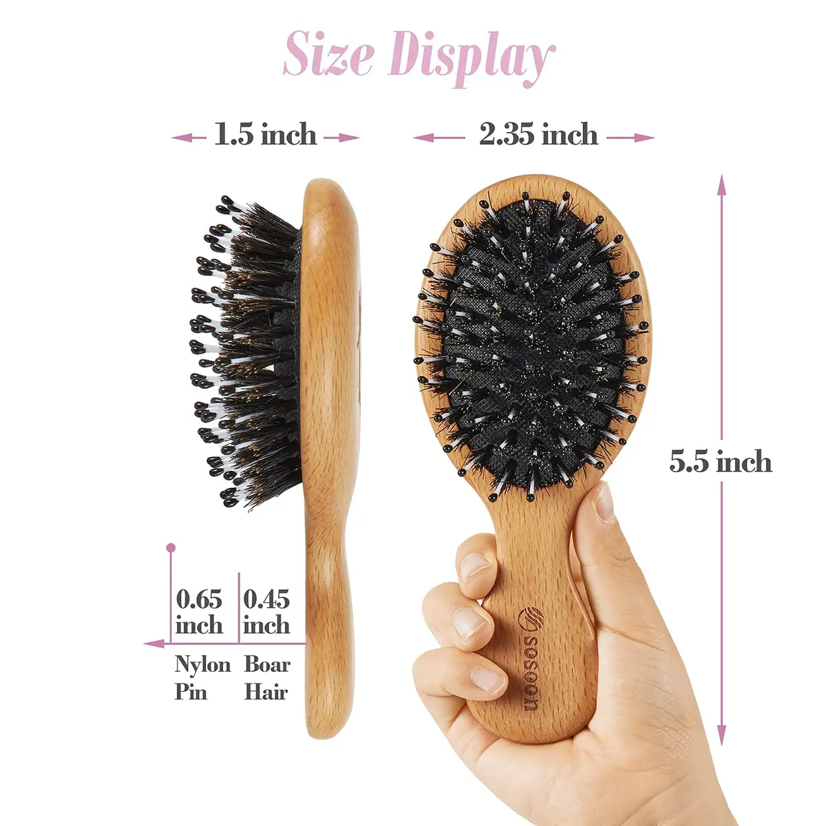 Sosoon Pocket Mini Travel Boar Bristle Hairbrush | Detangles, Smooths, Adds Shine - view 7