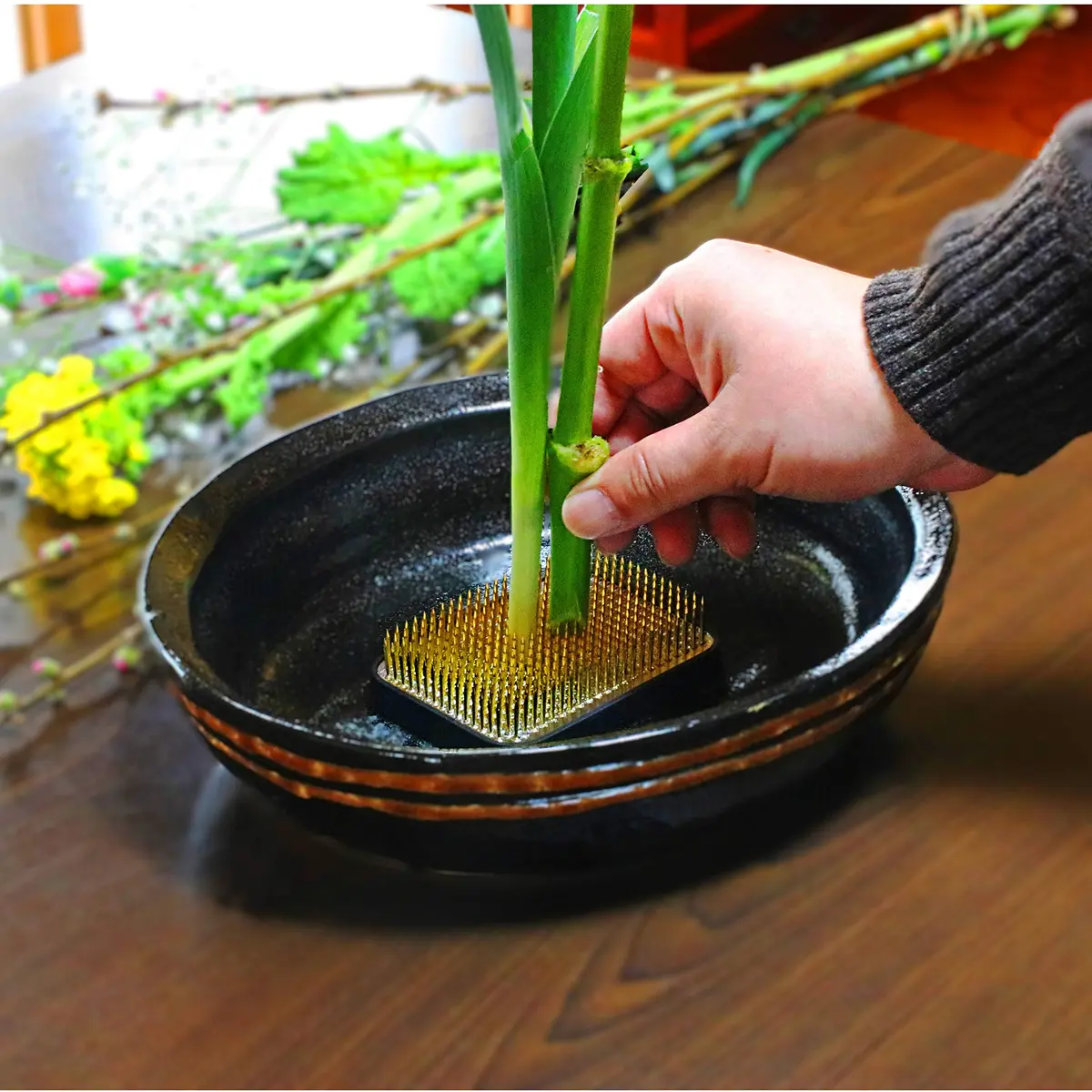 KAKURI Kenzan Flower Frog Black Large Square 3.8" | Japanese Ikebana Flower Arrangement Supplies - view 4