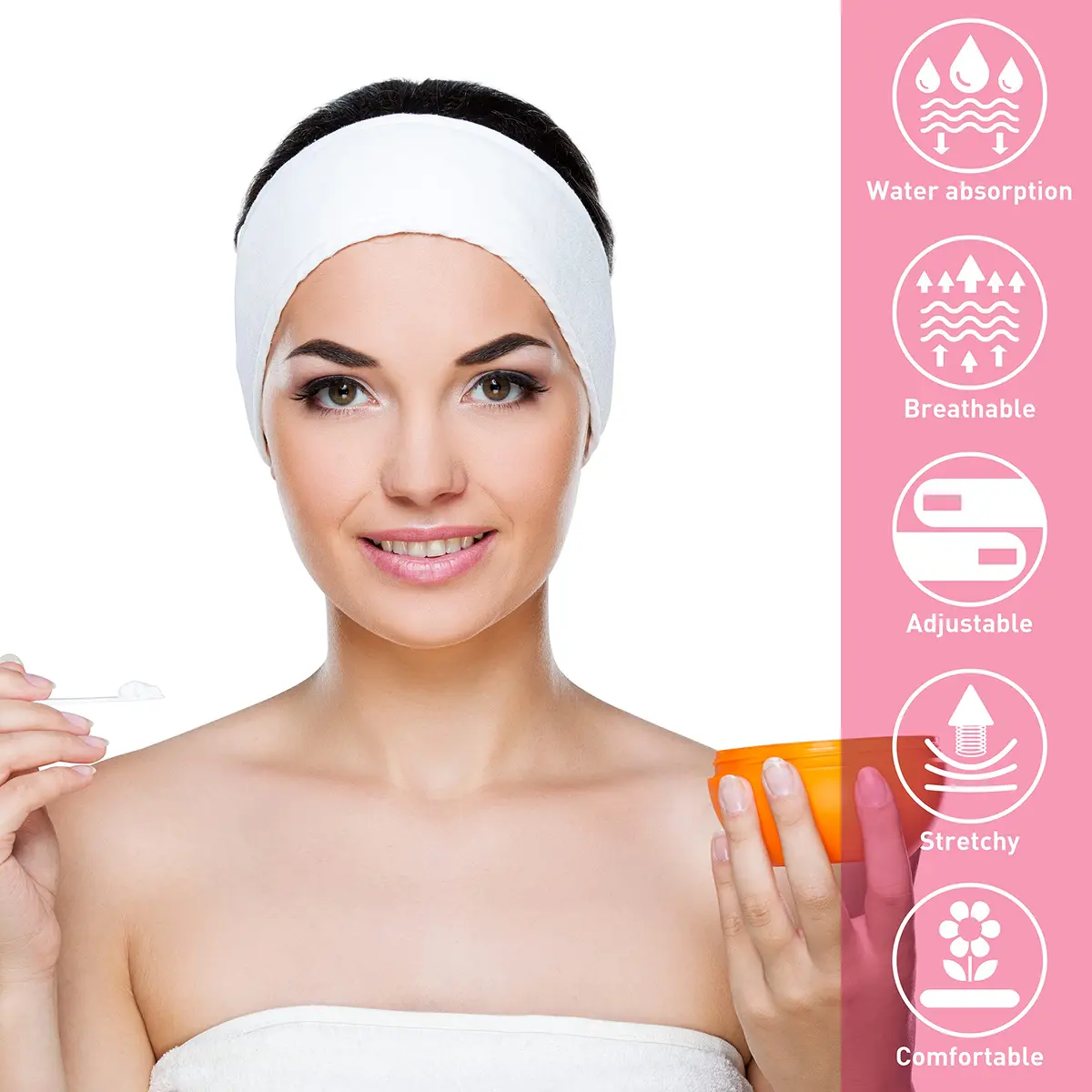 Denfany Soft Terry Cloth Spa Headband | Adjustable for Face Washing & Yoga (3-Pack, White+Black+Pink) - view 5
