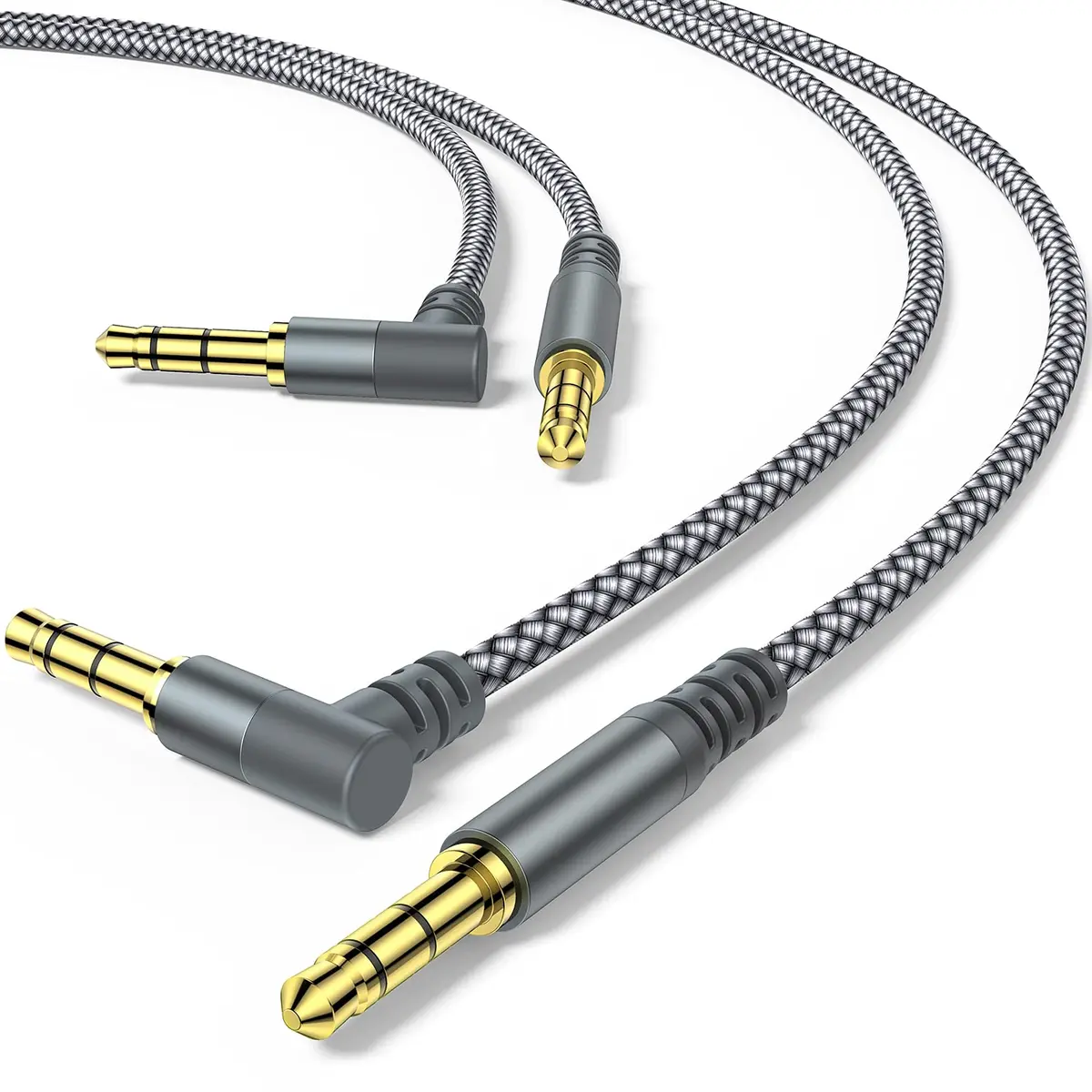 MCSPER 2 Pack 6.6ft (2M) Right Angle Aux Cable | Nylon Braided 3.5mm Stereo Audio Cord for Car, Home Stereo, Speakers, Smartphones - main product image