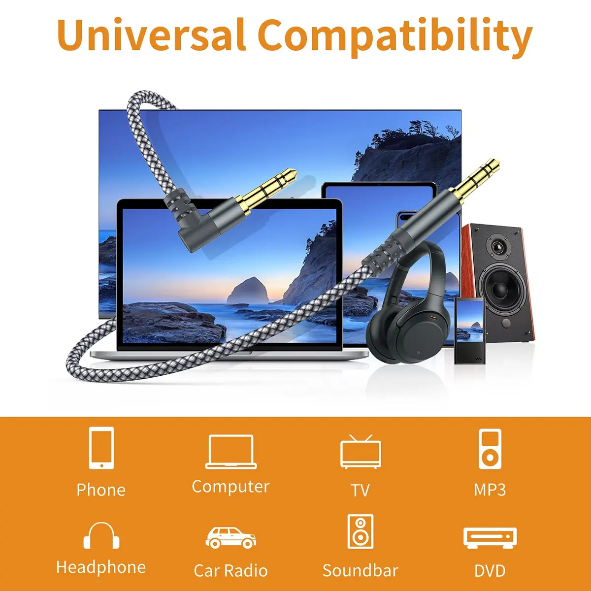 MCSPER 2 Pack 6.6ft (2M) Right Angle Aux Cable | Nylon Braided 3.5mm Stereo Audio Cord for Car, Home Stereo, Speakers, Smartphones - view 3