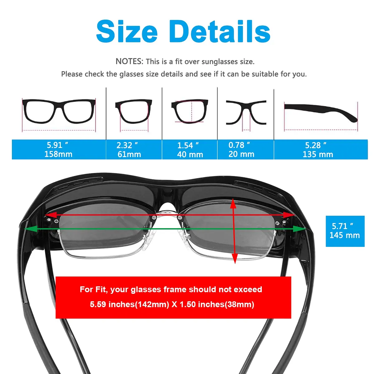 JIANGTUN Fit Over the Glass Sunglasses Size L | Polarized UV 400 Protection, Oversized Black Frame Blue Lens - view 2