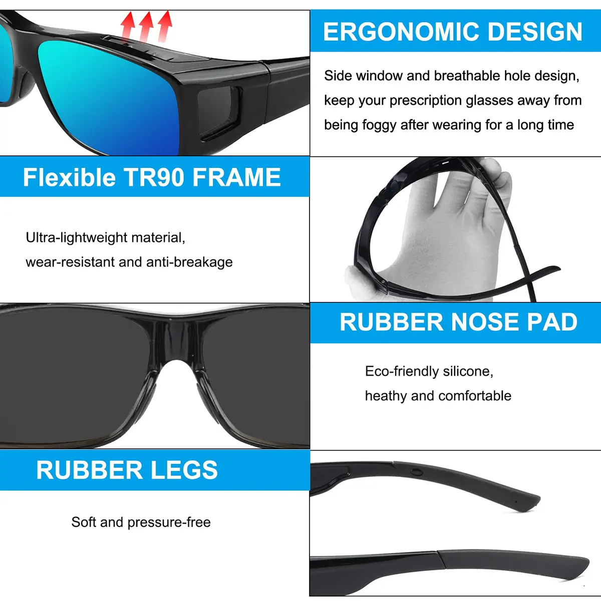 JIANGTUN Fit Over the Glass Sunglasses Size L | Polarized UV 400 Protection, Oversized Black Frame Blue Lens - view 3