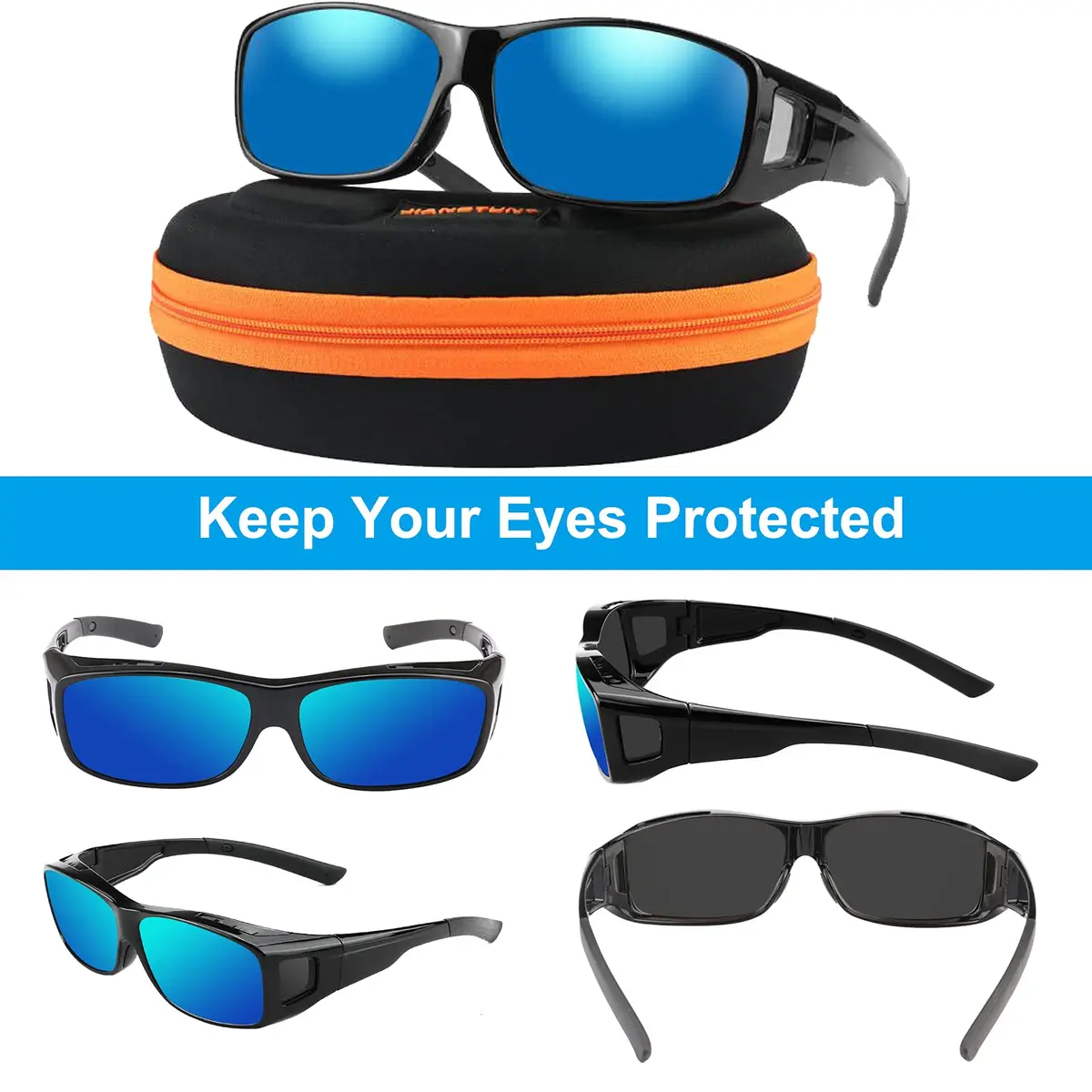JIANGTUN Fit Over the Glass Sunglasses Size L | Polarized UV 400 Protection, Oversized Black Frame Blue Lens - view 4