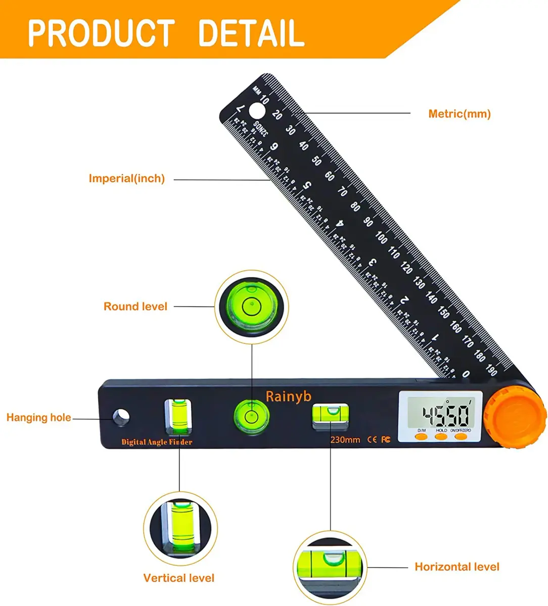 Rainyb Digital Angle Finder Tool 7inch (177.8mm) with Dual Scales | Accurate Angle & Length Measurement for Carpenters - view 2
