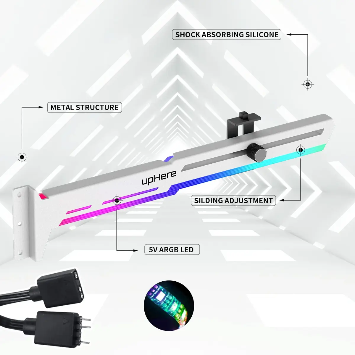 upHere 5V Addressable RGB White Graphics Card GPU Brace Support Video Card Sag Holder with ARGB Strip, Adjustable Length and Height Support (1-Pack) - view 2